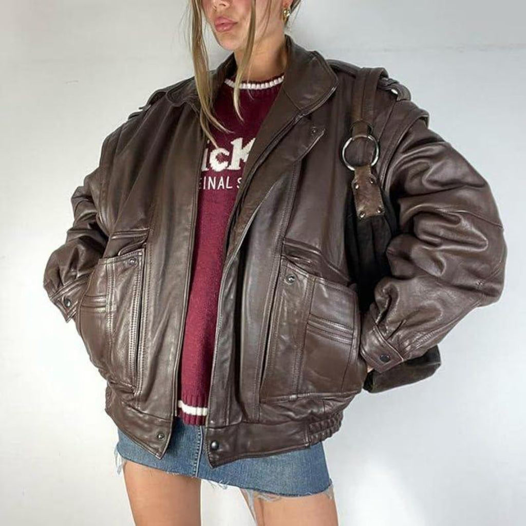 Women's Brown Casual Oversized Lambskin Soft Leather Jacket