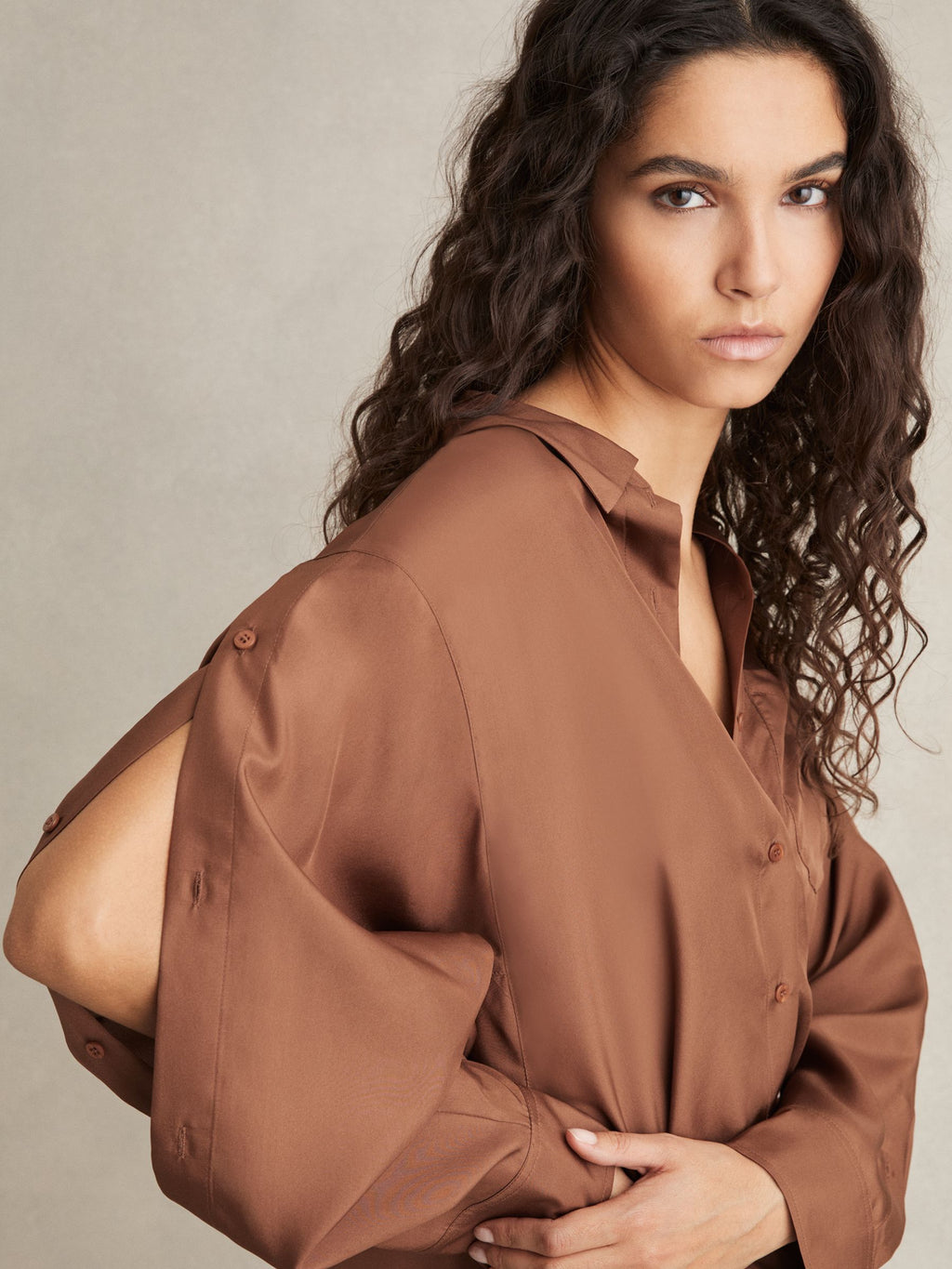 Women's Brown Classic Collar Adjustable Sleeves Shirt