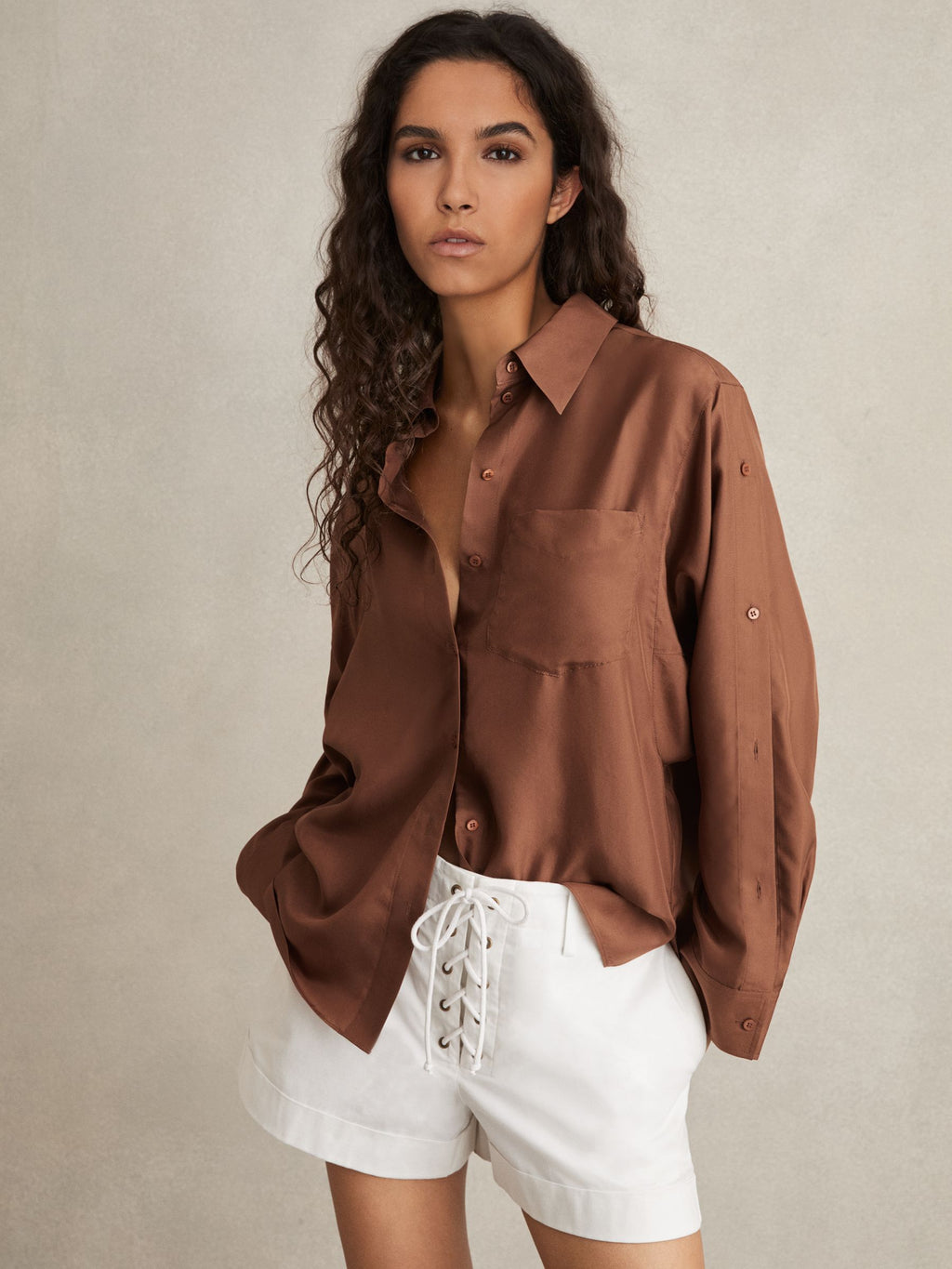 Women's Brown Classic Collar Adjustable Sleeves Shirt