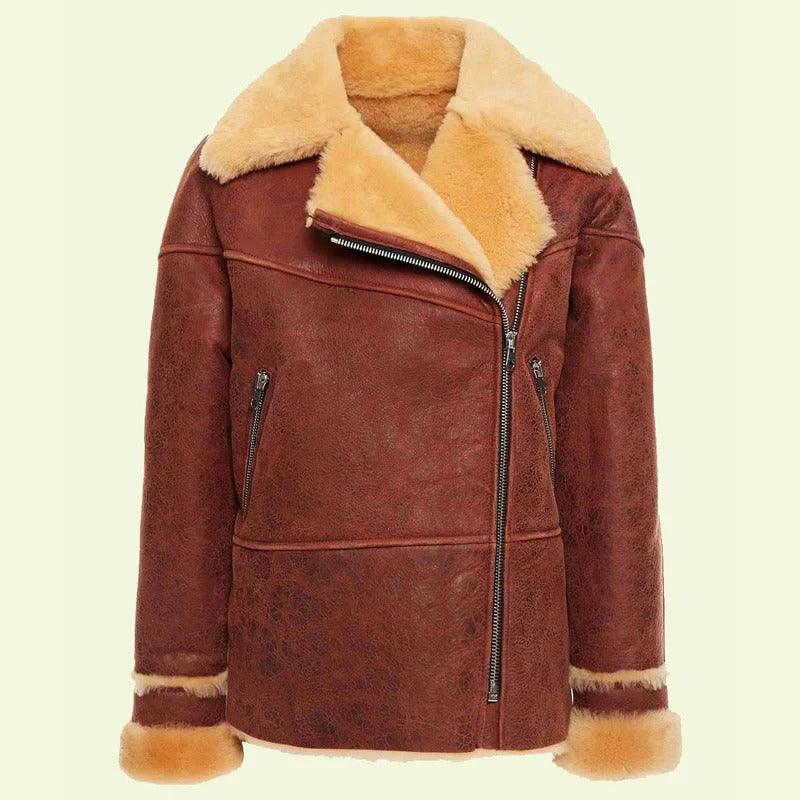Women's Brown Collared Distressed Shearling Leather Jacket