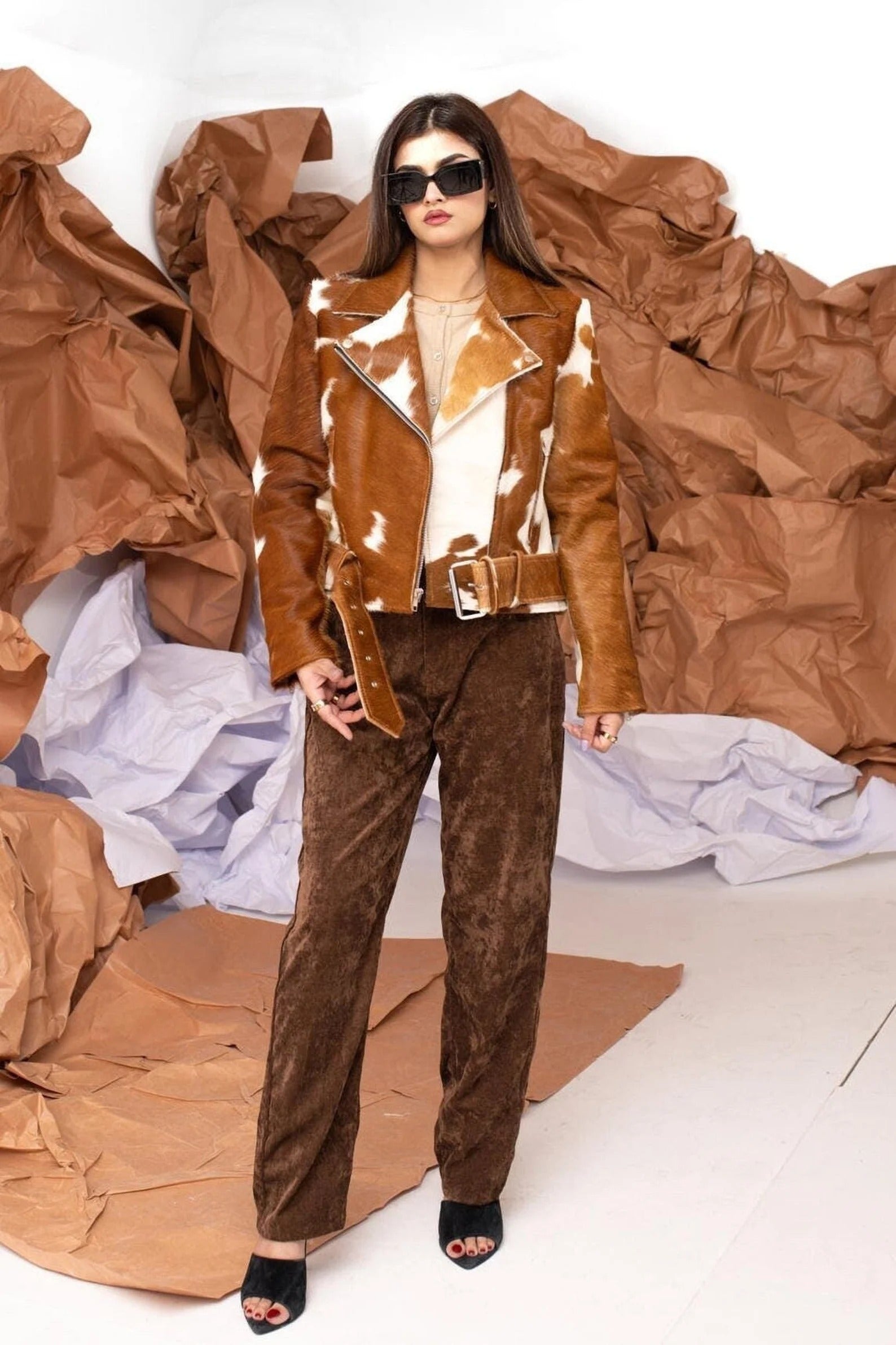 Women's Brown Cow Hair Leather Jacket