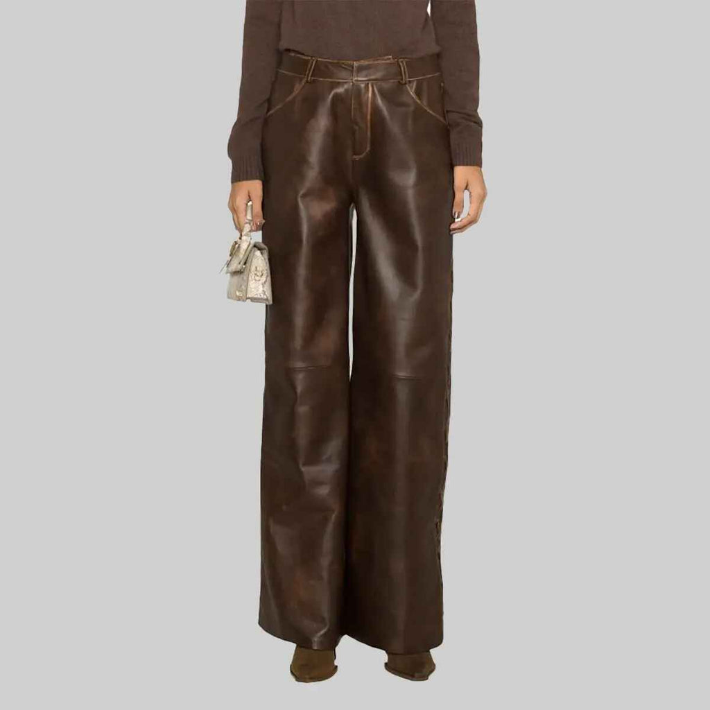 Women’s Brown Distressed Wide Leather Pant