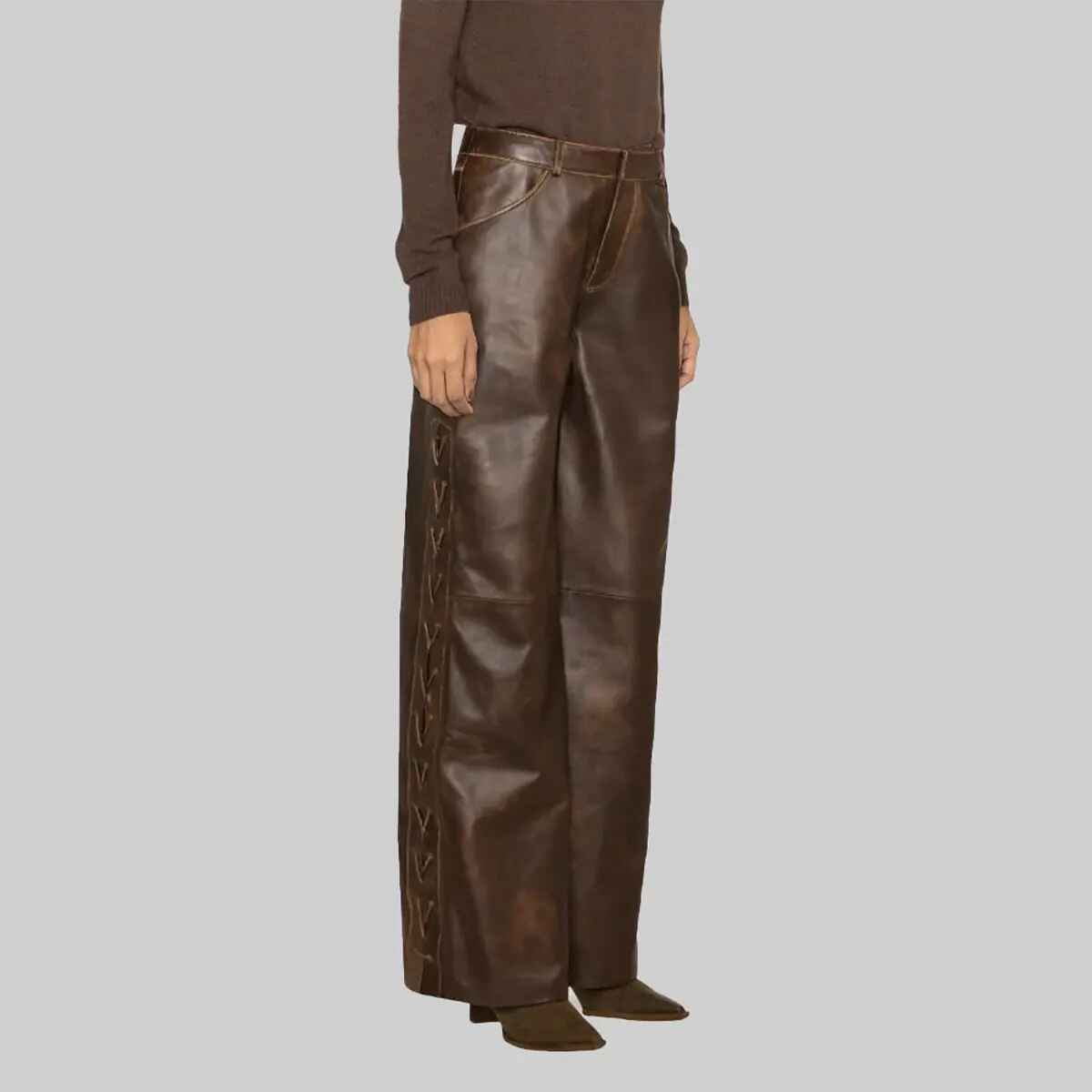Women’s Brown Distressed Wide Leather Pant