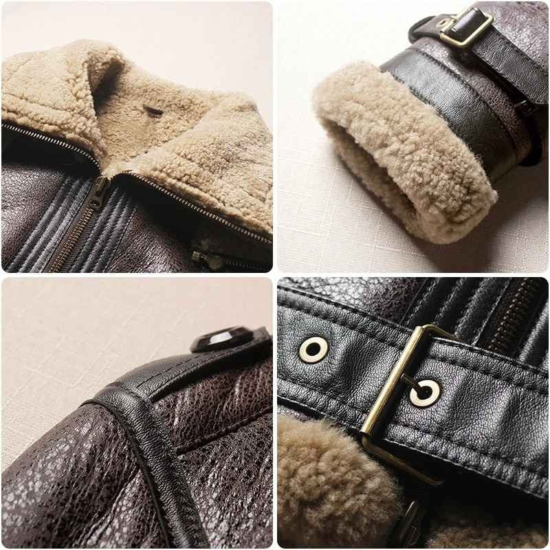 Braune Damen-Lederjacke mit doppeltem Kragen und Lammfell