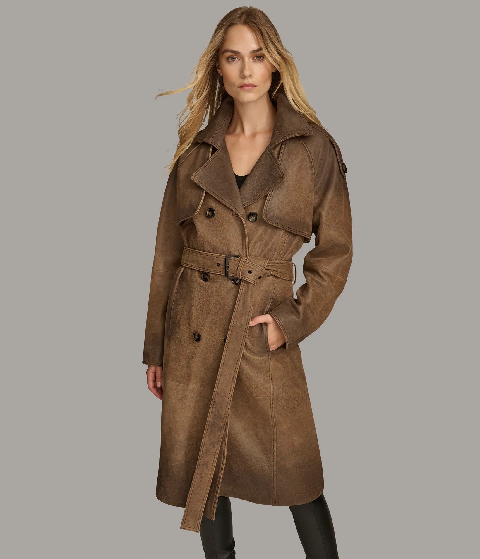 Women's Brown Ellie Distressed Leather Trench Coat