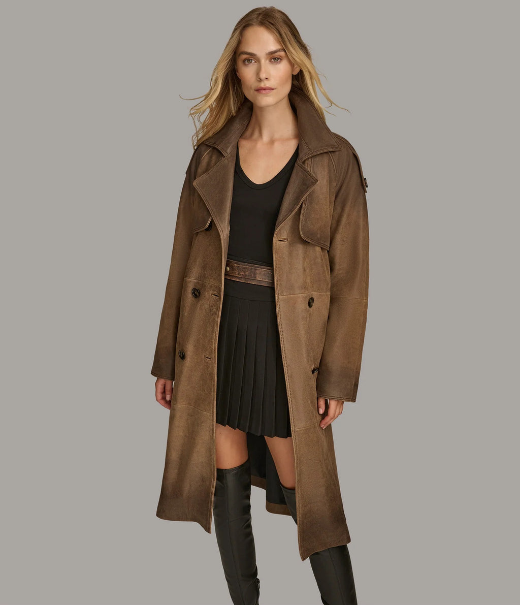 Women's Brown Ellie Distressed Leather Trench Coat
