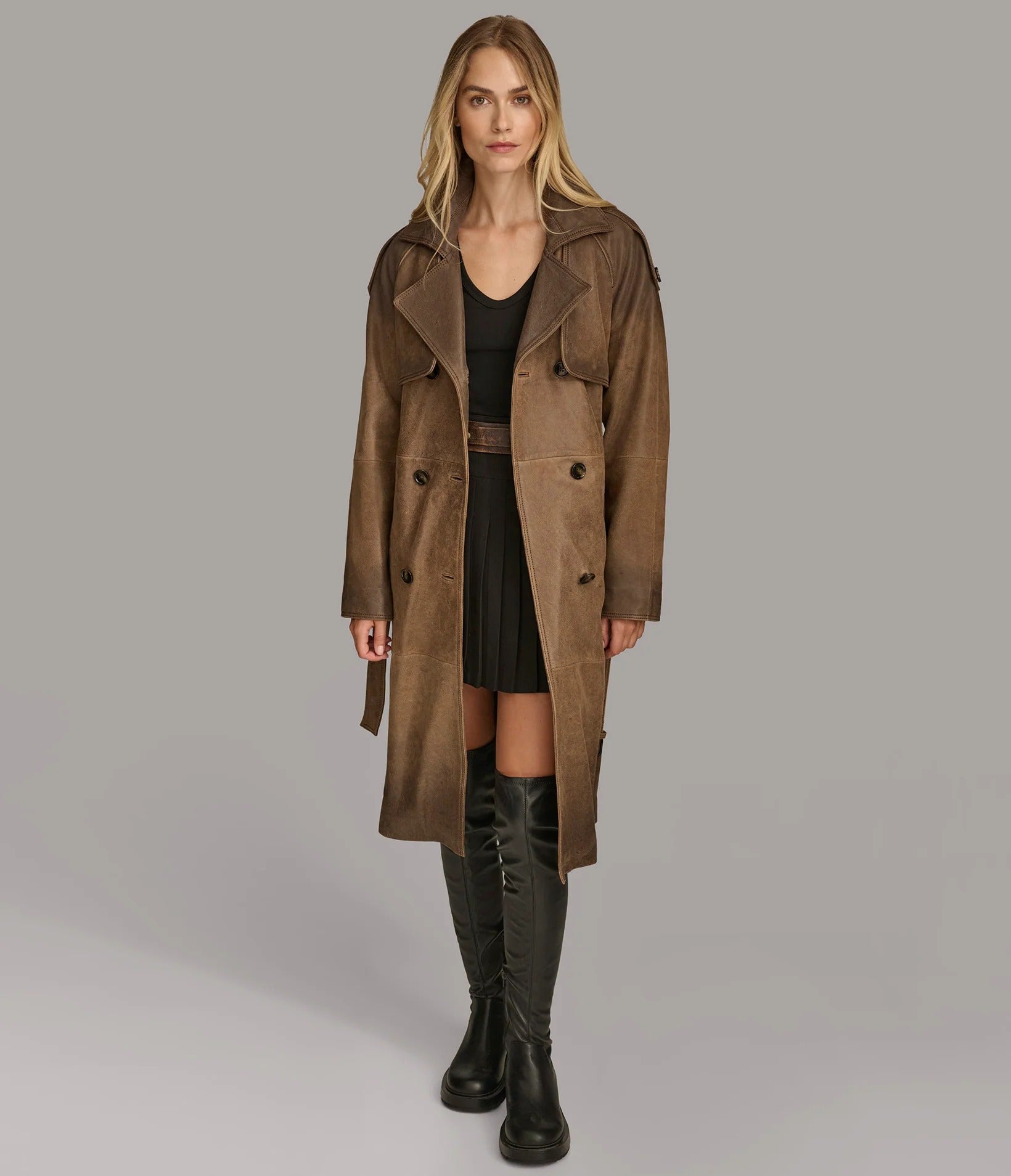 Women's Brown Ellie Distressed Leather Trench Coat