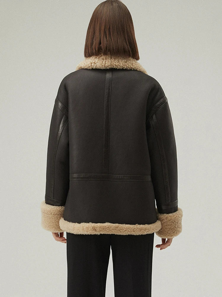 Women's Brown Fur & Shearling Short Leather Coat