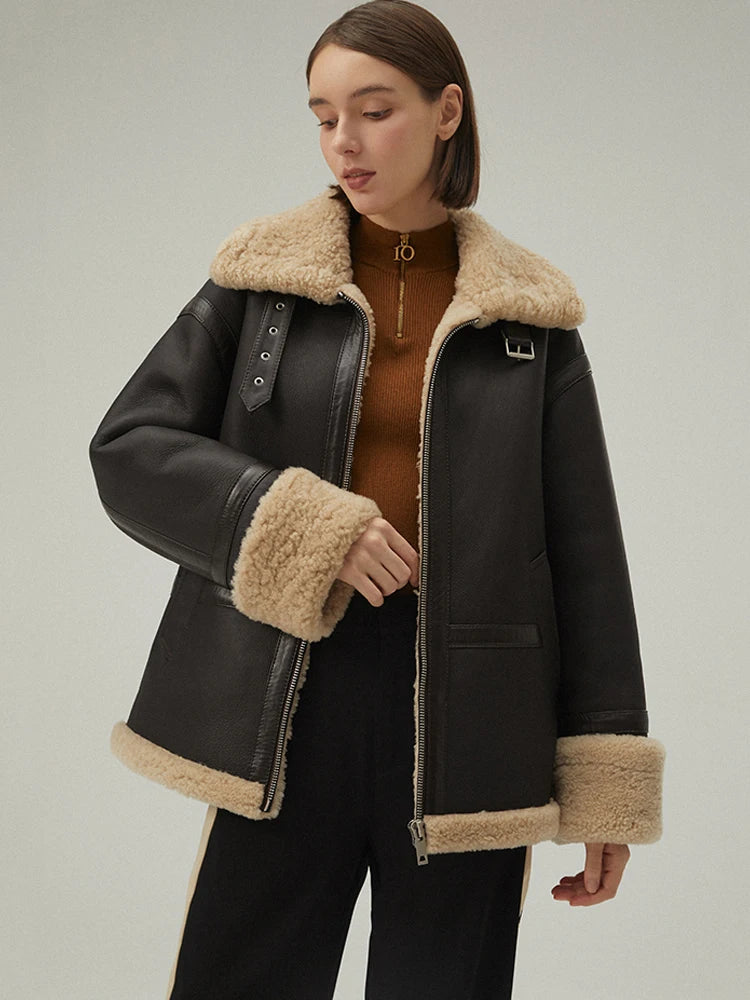 Women's Brown Fur & Shearling Short Leather Coat