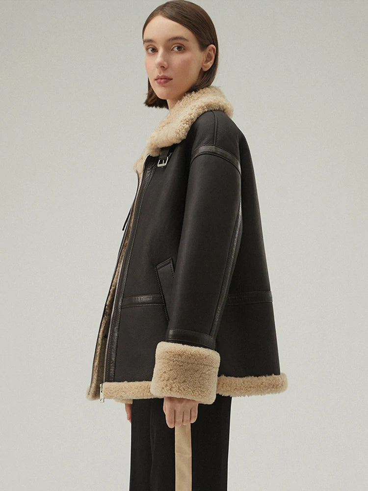 Women's Brown Fur & Shearling Short Leather Coat