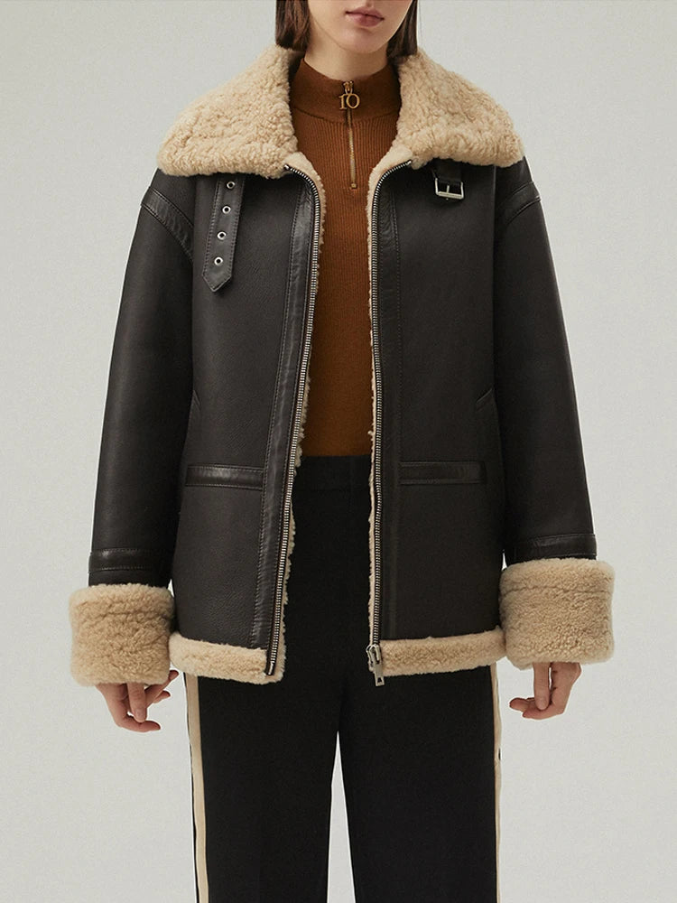 Women's Brown Fur & Shearling Short Leather Coat