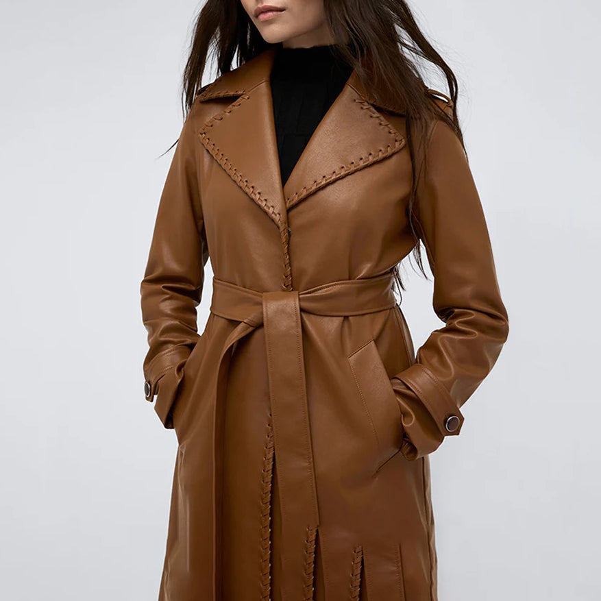 Brauner Trenchcoat aus Leder mit Gürtel für Damen