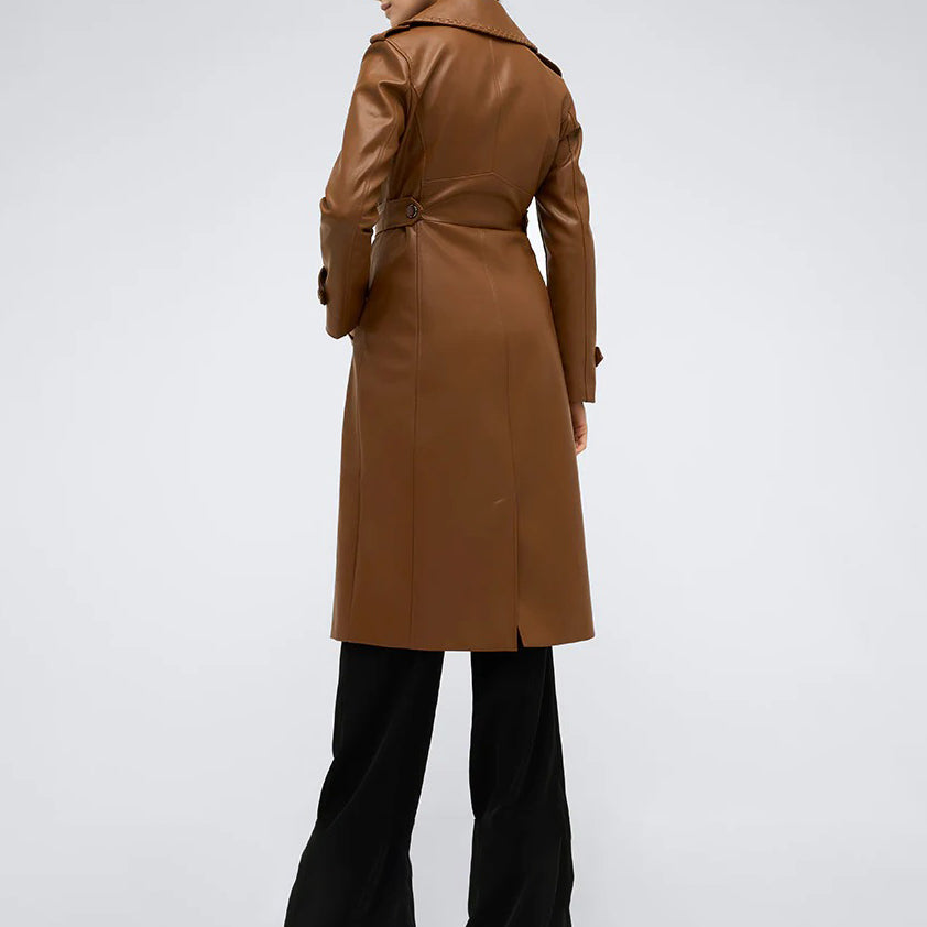 Women's Brown Leather Belted Trench Coat