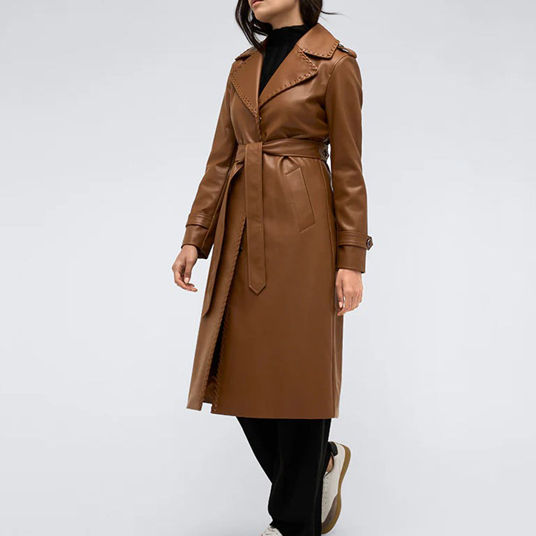 Brauner Trenchcoat aus Leder mit Gürtel für Damen