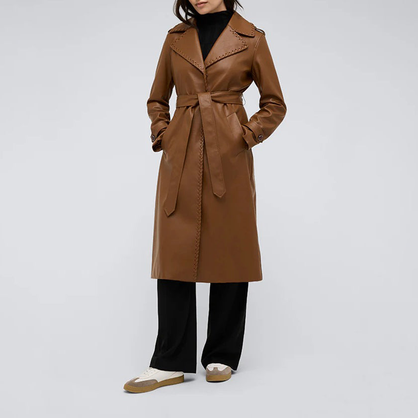 Brauner Trenchcoat aus Leder mit Gürtel für Damen