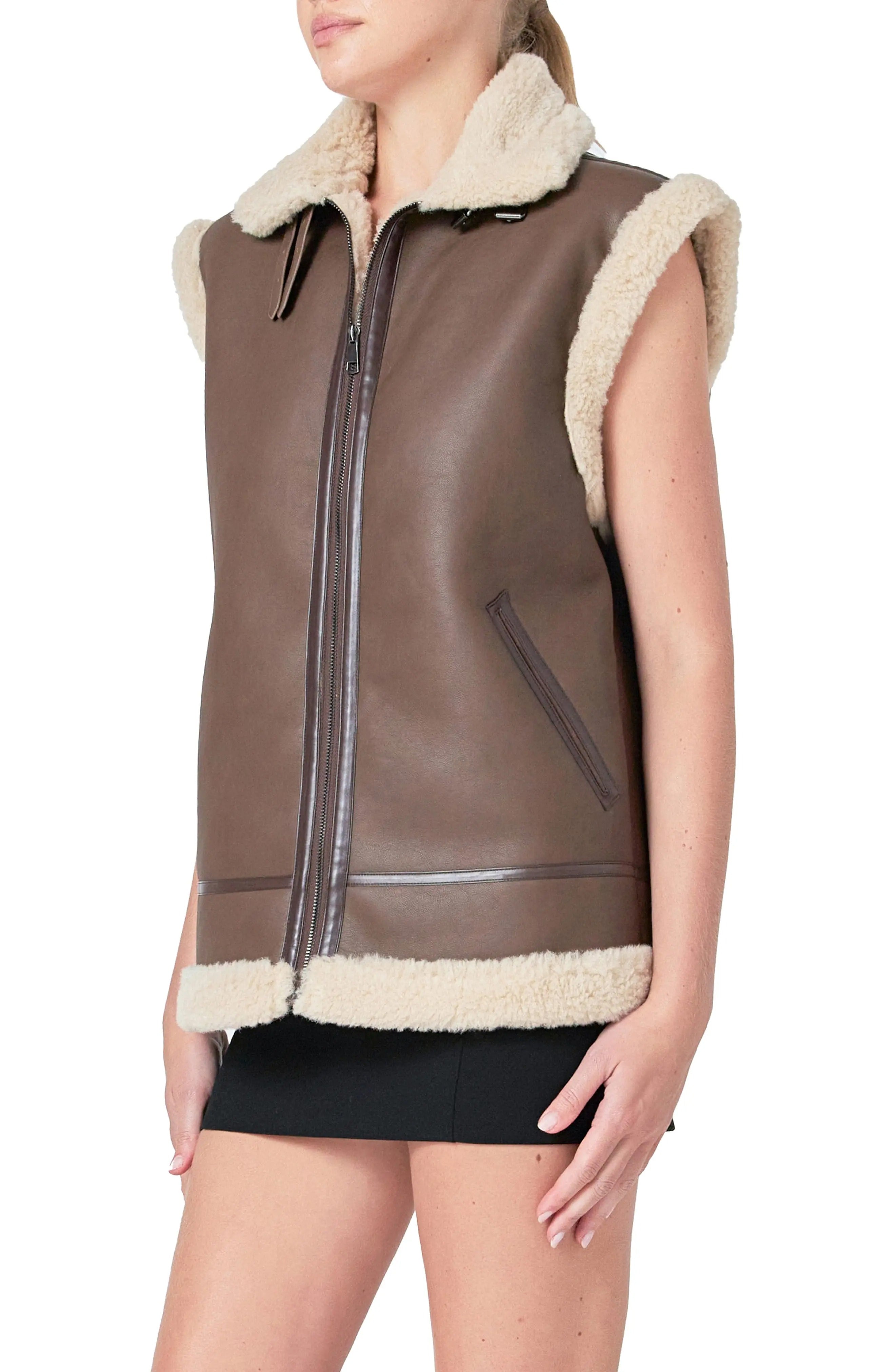 Women's Brown Lined Faux Shearling Leather Vest