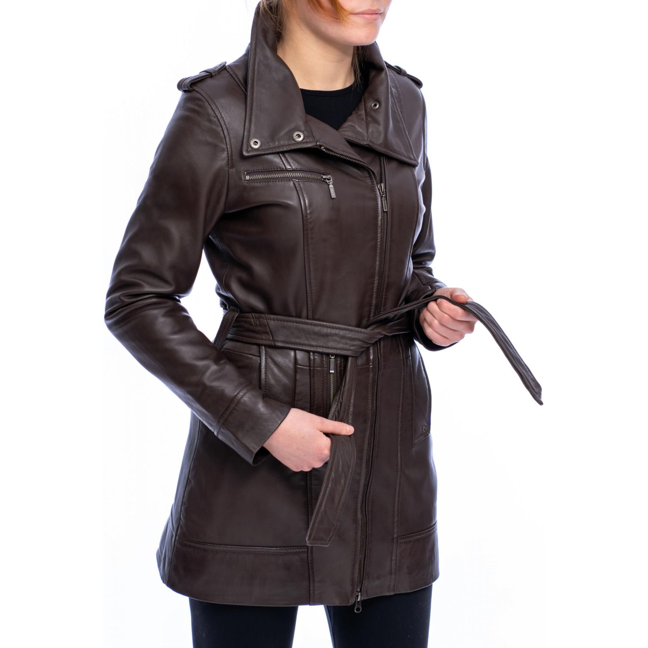 Women's Brown Tie Belt Leather Coat