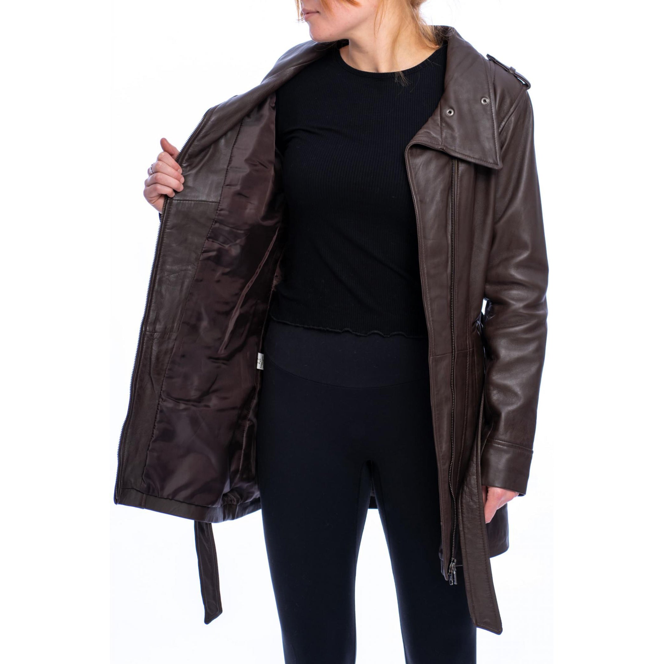 Women's Brown Tie Belt Leather Coat