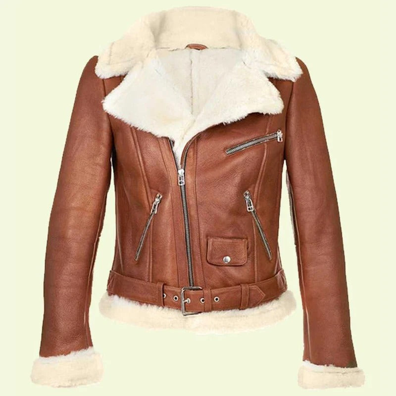 Women's Brown Zipped Leather Shearling Jacket