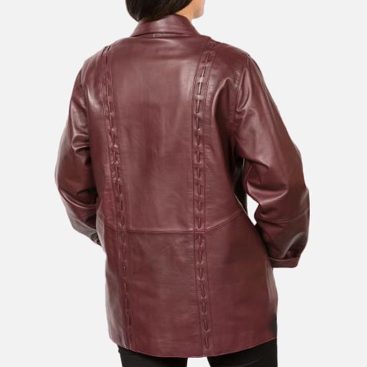 Women's Burgundy Comfort Fit Leather Coat