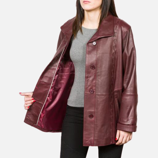 Women's Burgundy Comfort Fit Leather Coat