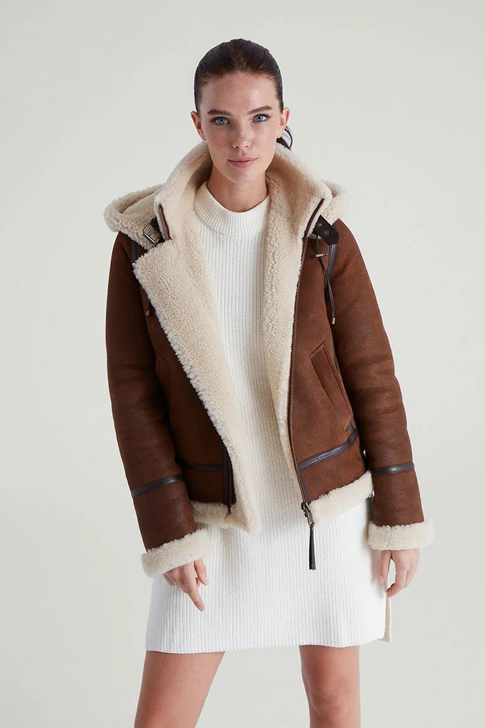 Women's Chloe Detachable Hooded Shearling Sheepskin Leather Jacket