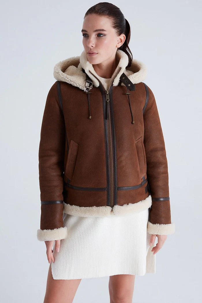 Women's Chloe Detachable Hooded Shearling Sheepskin Leather Jacket
