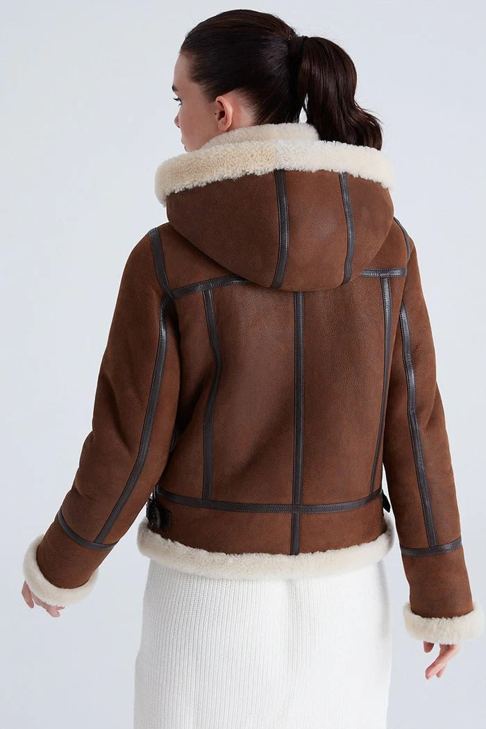 Women's Chloe Detachable Hooded Shearling Sheepskin Leather Jacket