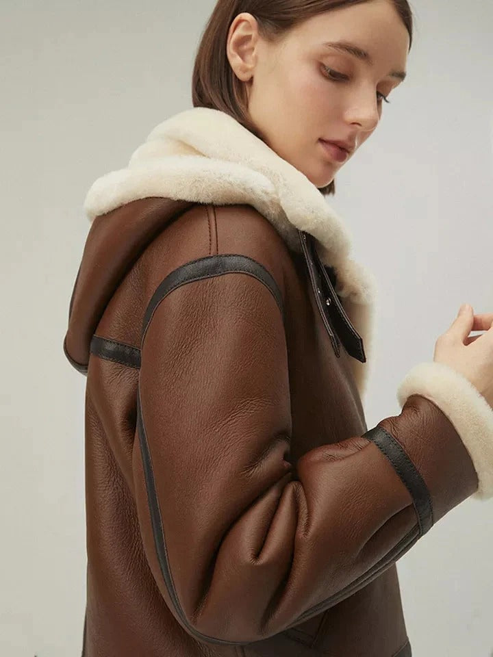 Women’s Chocolate Brown Removable Hood Leather Shearling Jacket