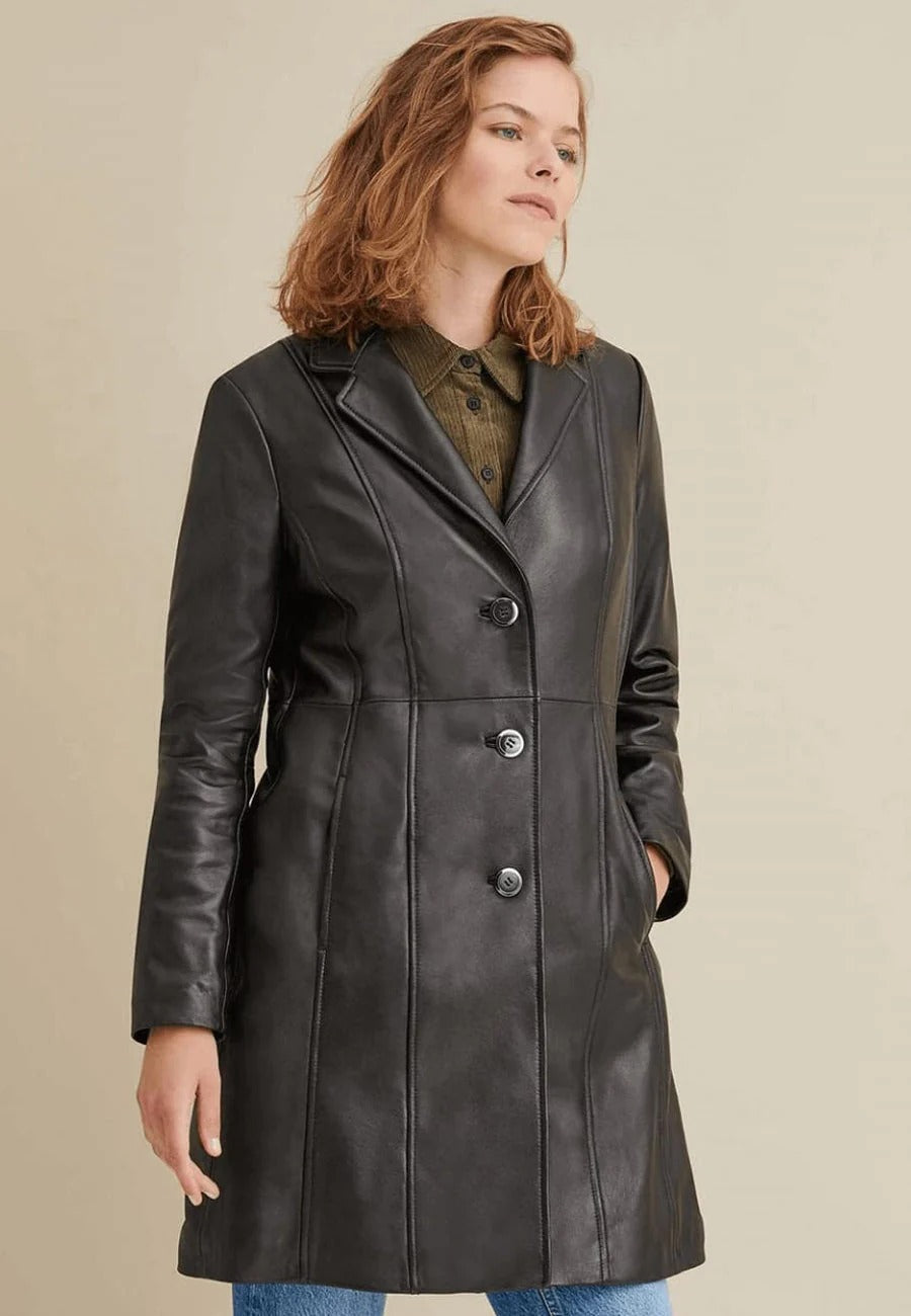 Women’s Classic Black Collared Leather Long Trench Coat