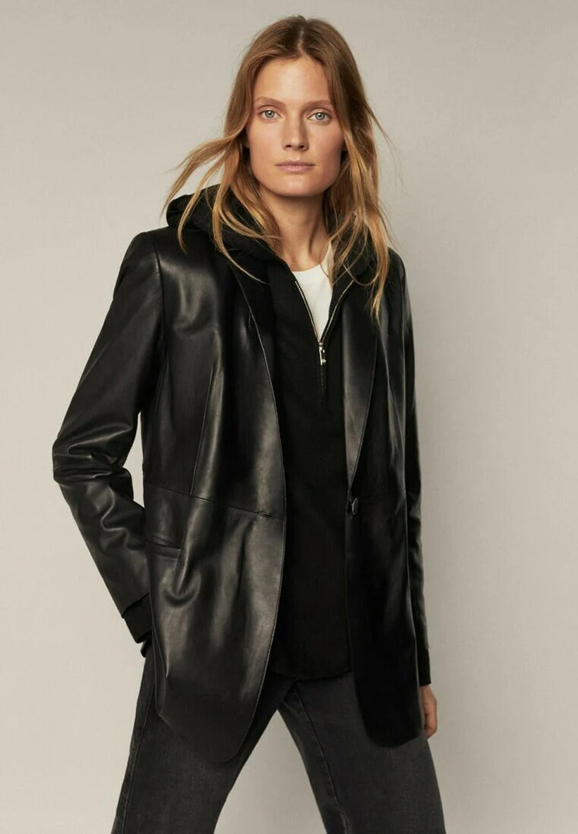 Women’s Classic Black Oversized Fit Leather Short Trench Coat