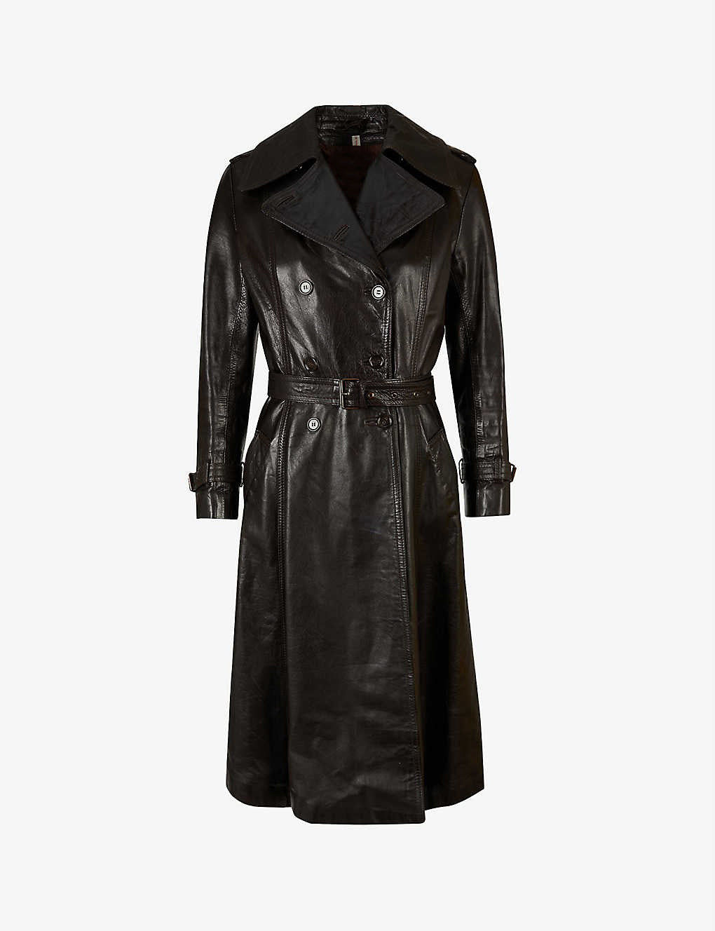 Women’s Classic Black Two Pocket Belted Leather Trench Coat