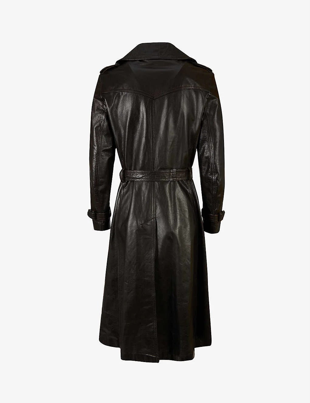 Women’s Classic Black Two Pocket Belted Leather Trench Coat