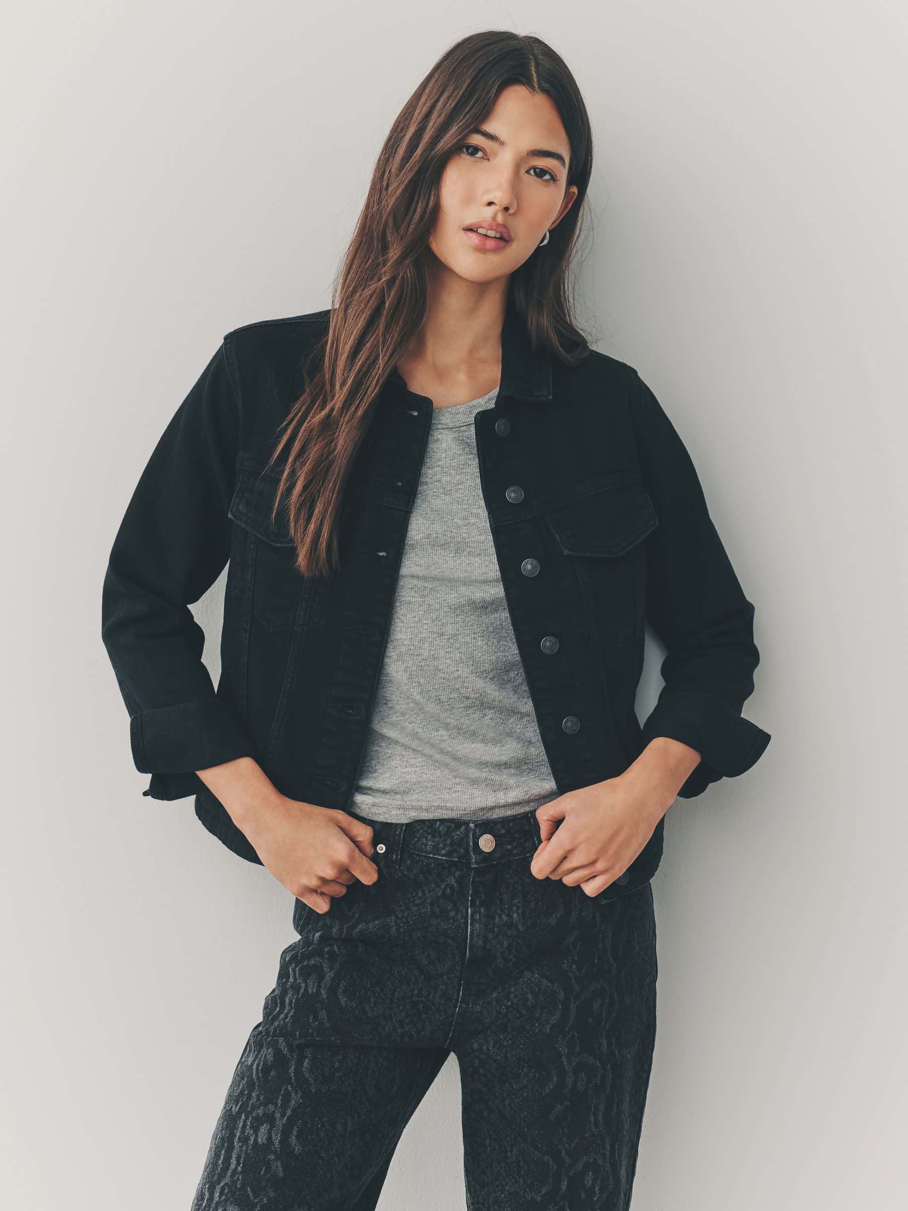 Women's Classic Collar Black Fitted Denim Jacket