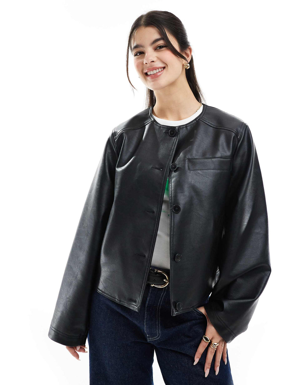 Women's Collarless Black Leather Jacket