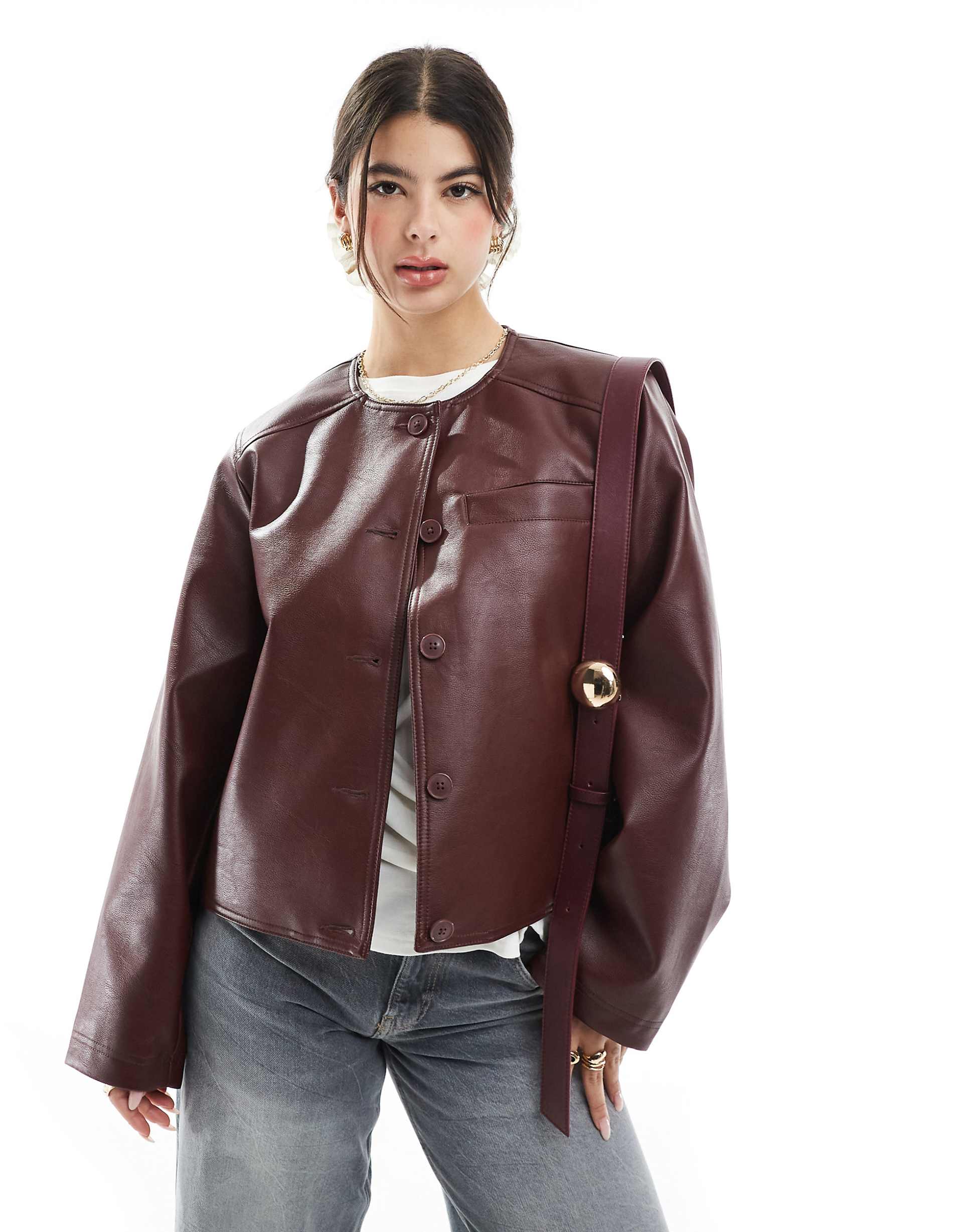 Women's Collarless Black Leather Jacket