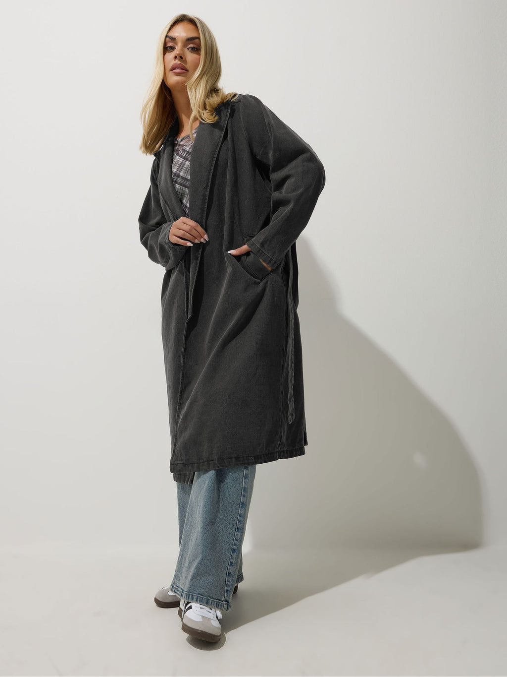 Women's Curve Black Longline Denim Trench Coat