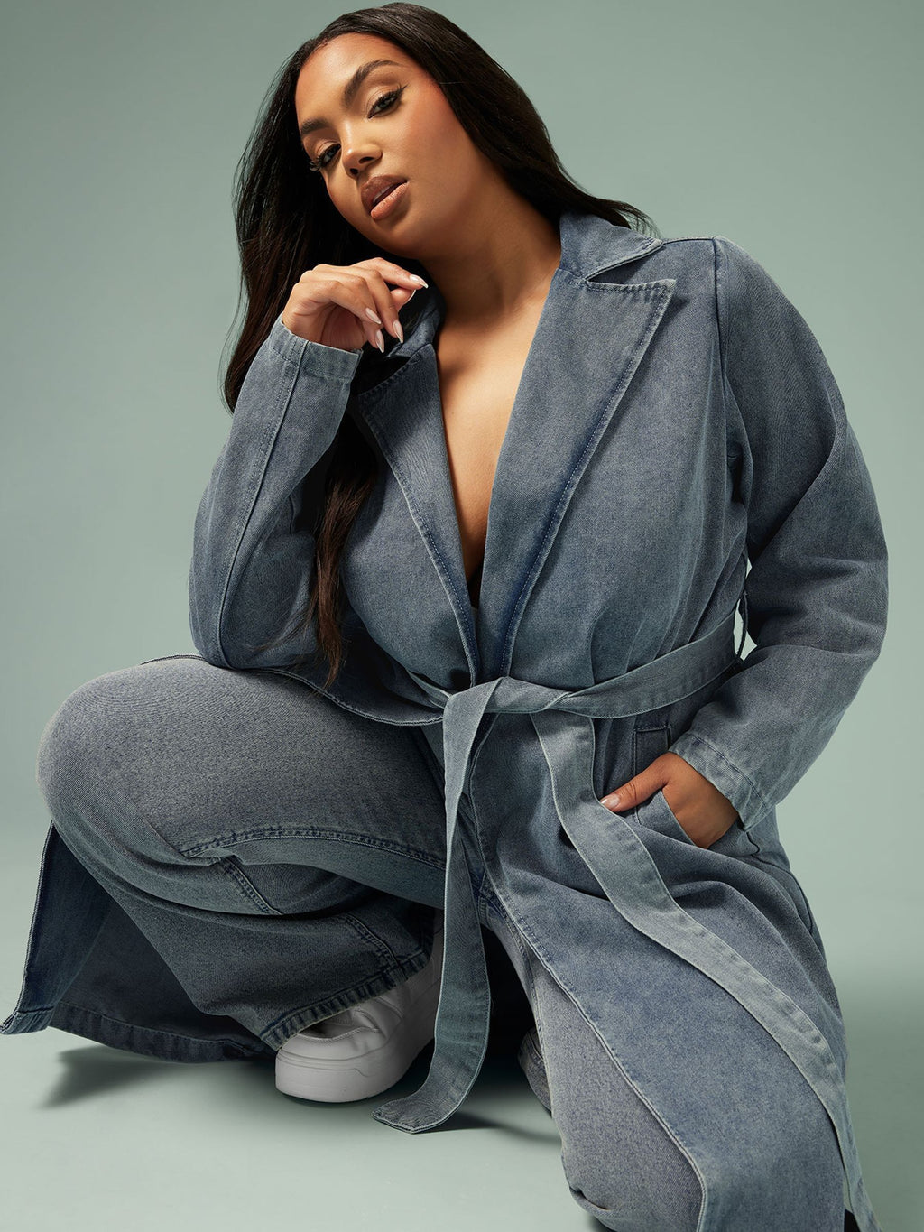 Women's Curve Blue Longline Denim Trench Coat