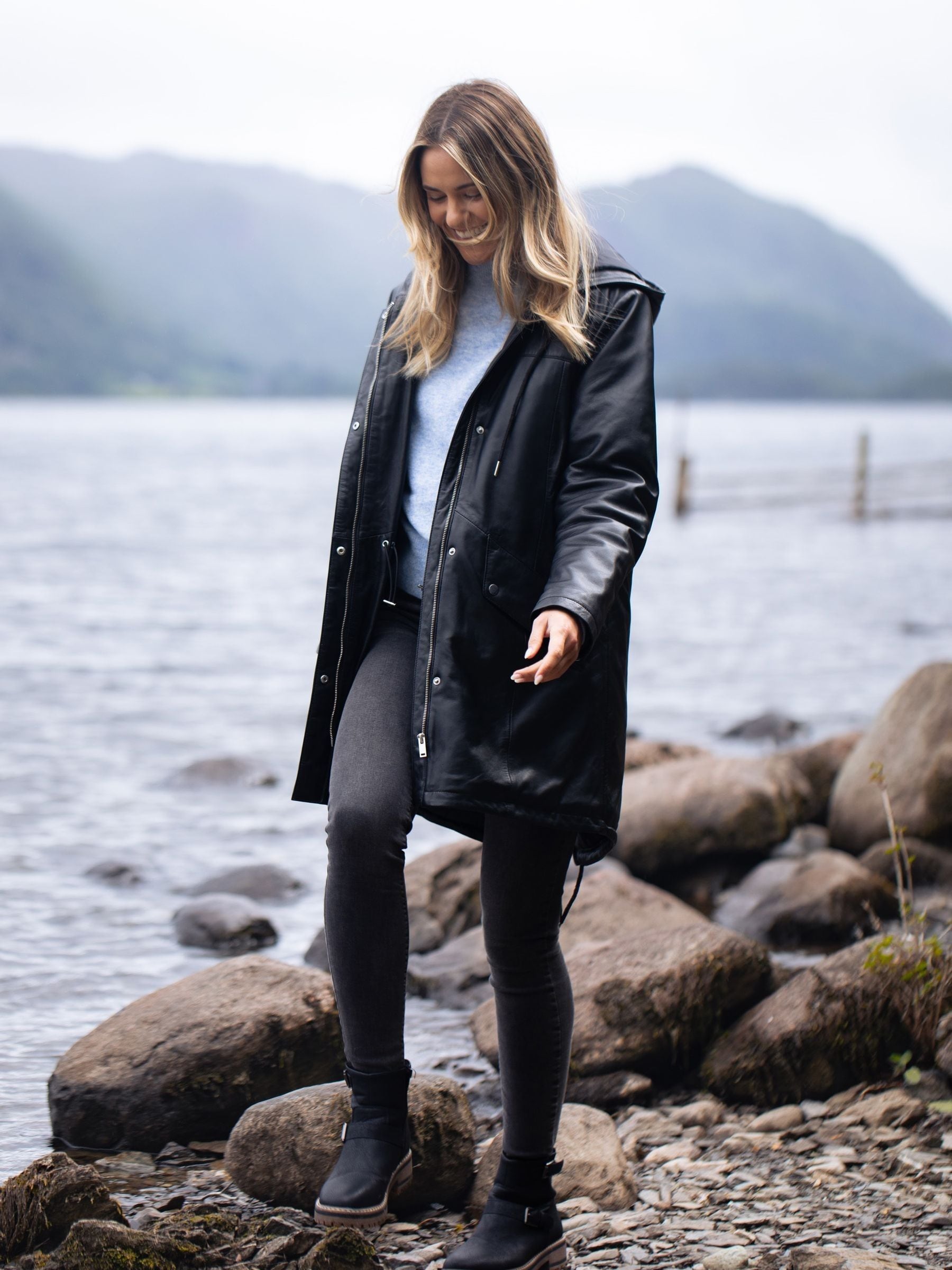 Women's Custom Fit Black Hooded Leather Coat