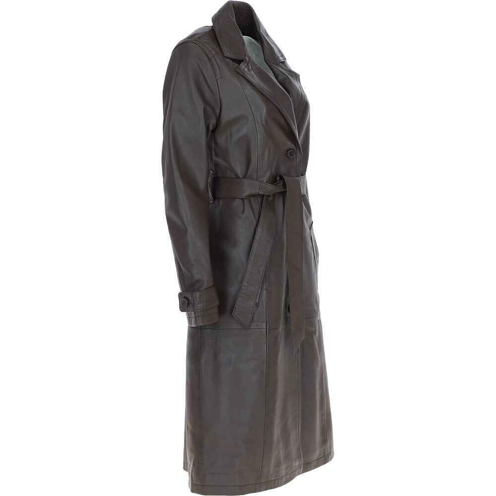 Women's Dark Brown Elegant Longline Regular Fit Leather Trench Coat