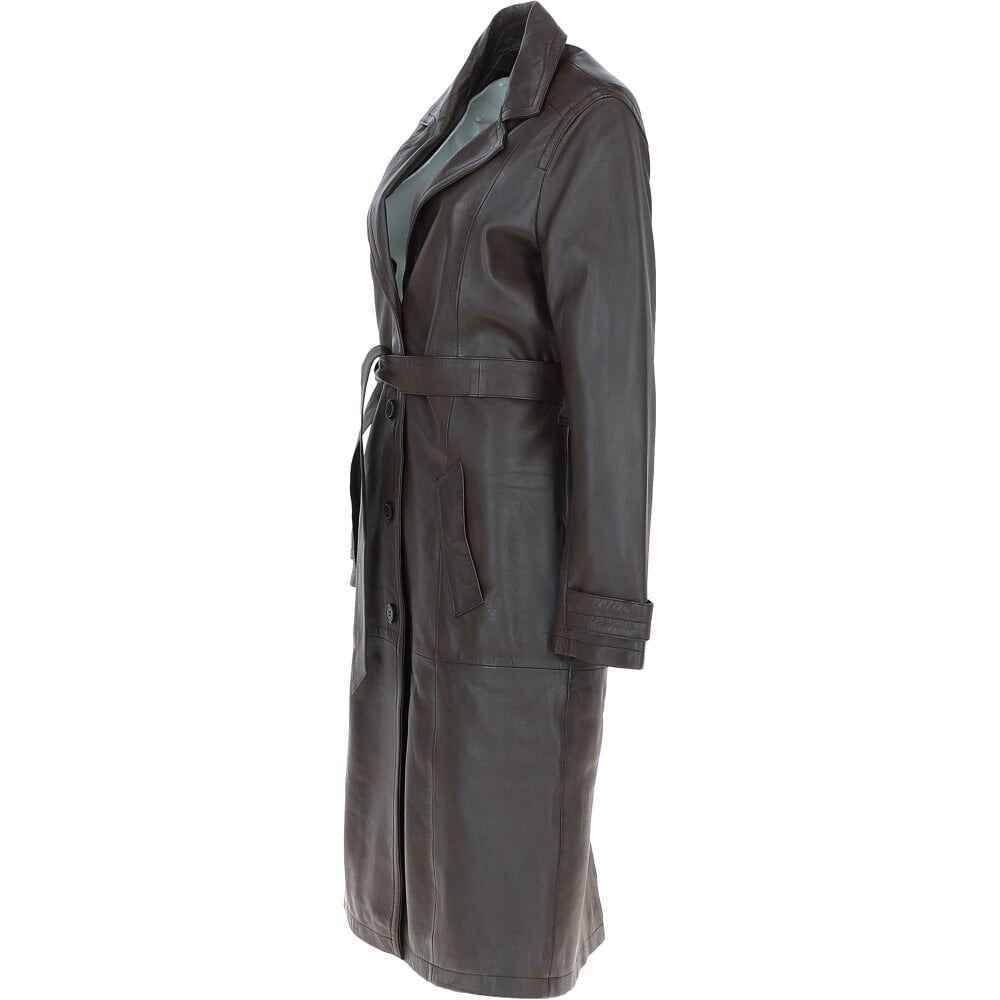 Women's Dark Brown Elegant Longline Regular Fit Leather Trench Coat