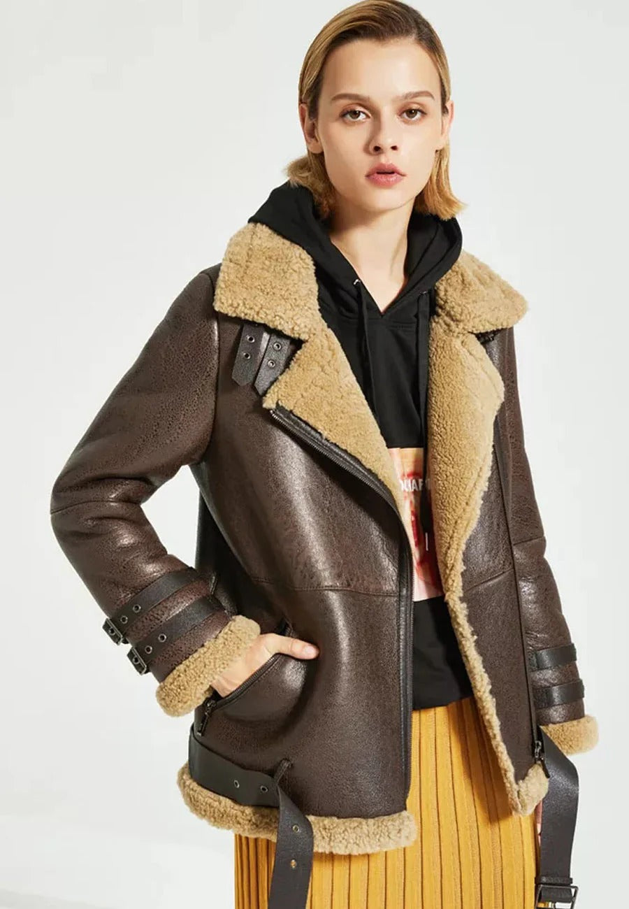 Women’s Dark Brown One Inner Pocket Leather Shearling Long Fur Coat