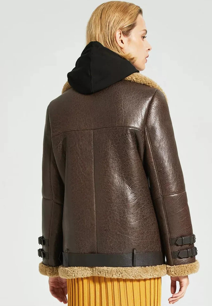 Women’s Dark Brown One Inner Pocket Leather Shearling Long Fur Coat