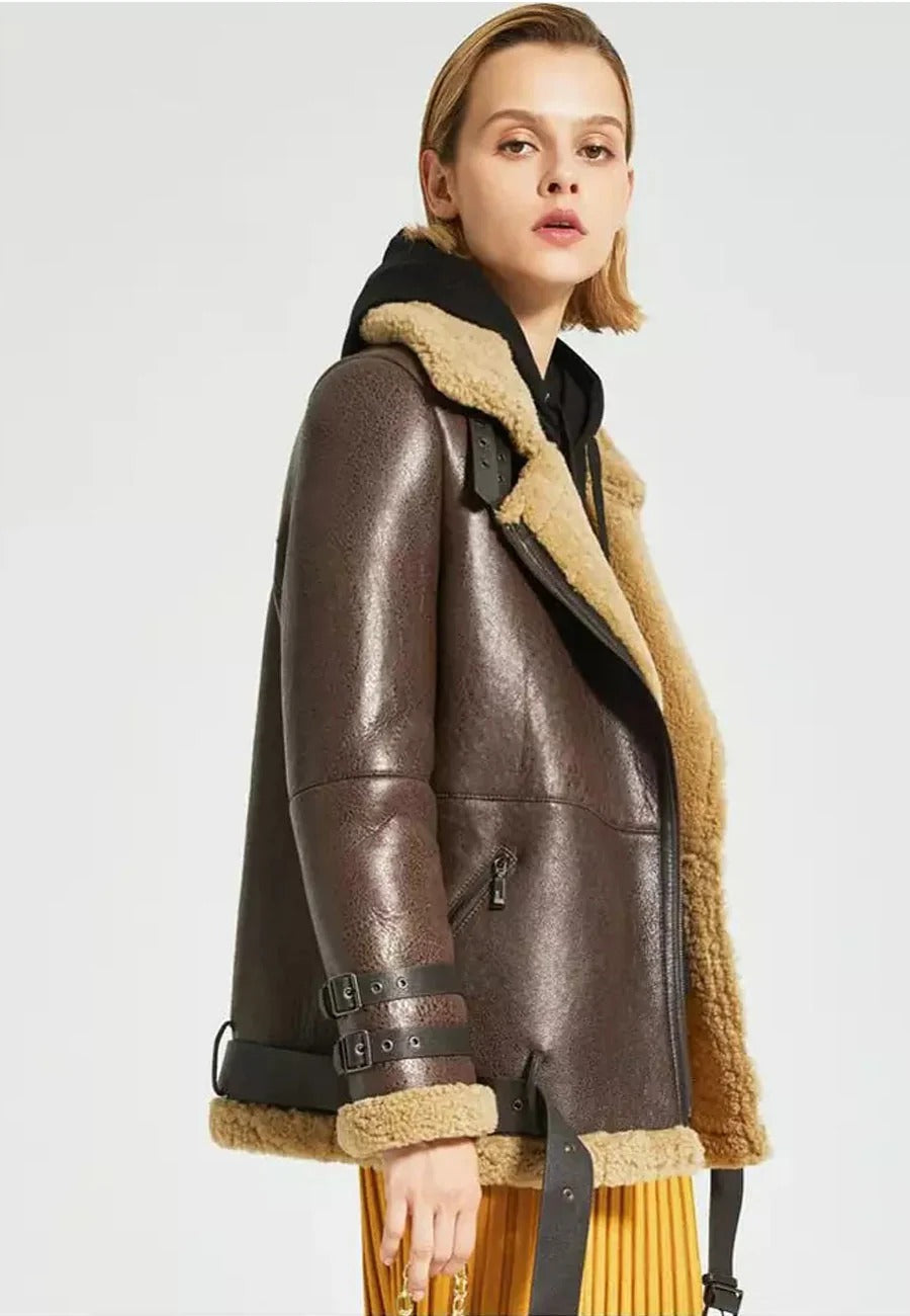 Women’s Dark Brown One Inner Pocket Leather Shearling Long Fur Coat
