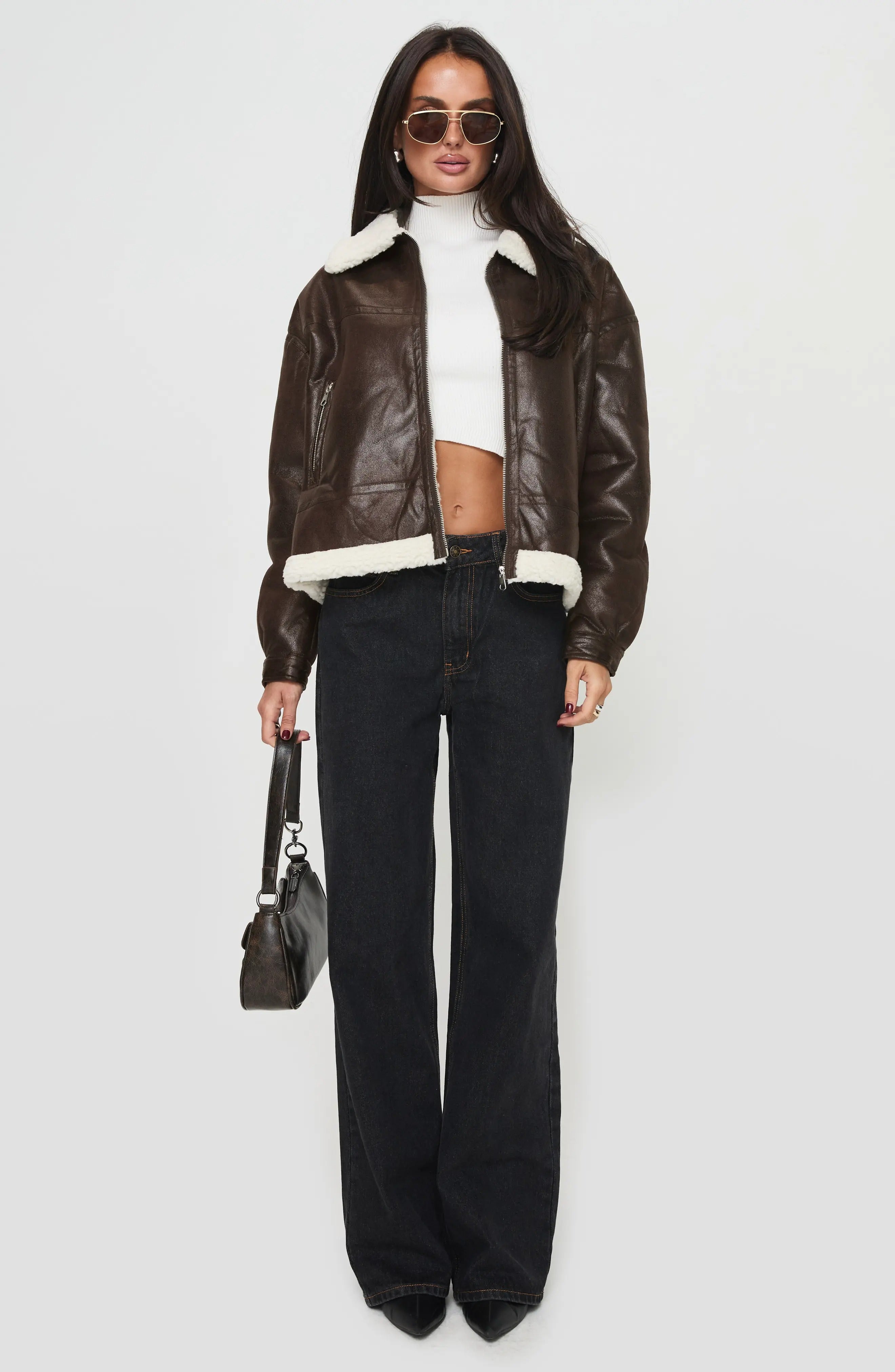 Dunkelbraune Solara-Lederjacke aus Kunst-Lammfell für Damen