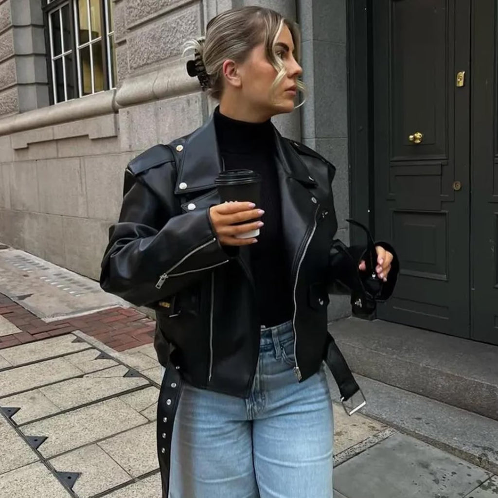 Women's Dropped Shoulders Oversized Leather Jacket