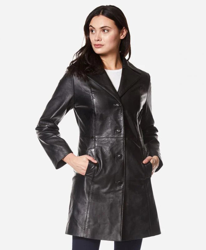 Women's ELEGANT Classic Leather 3/4 Short Trench Coat