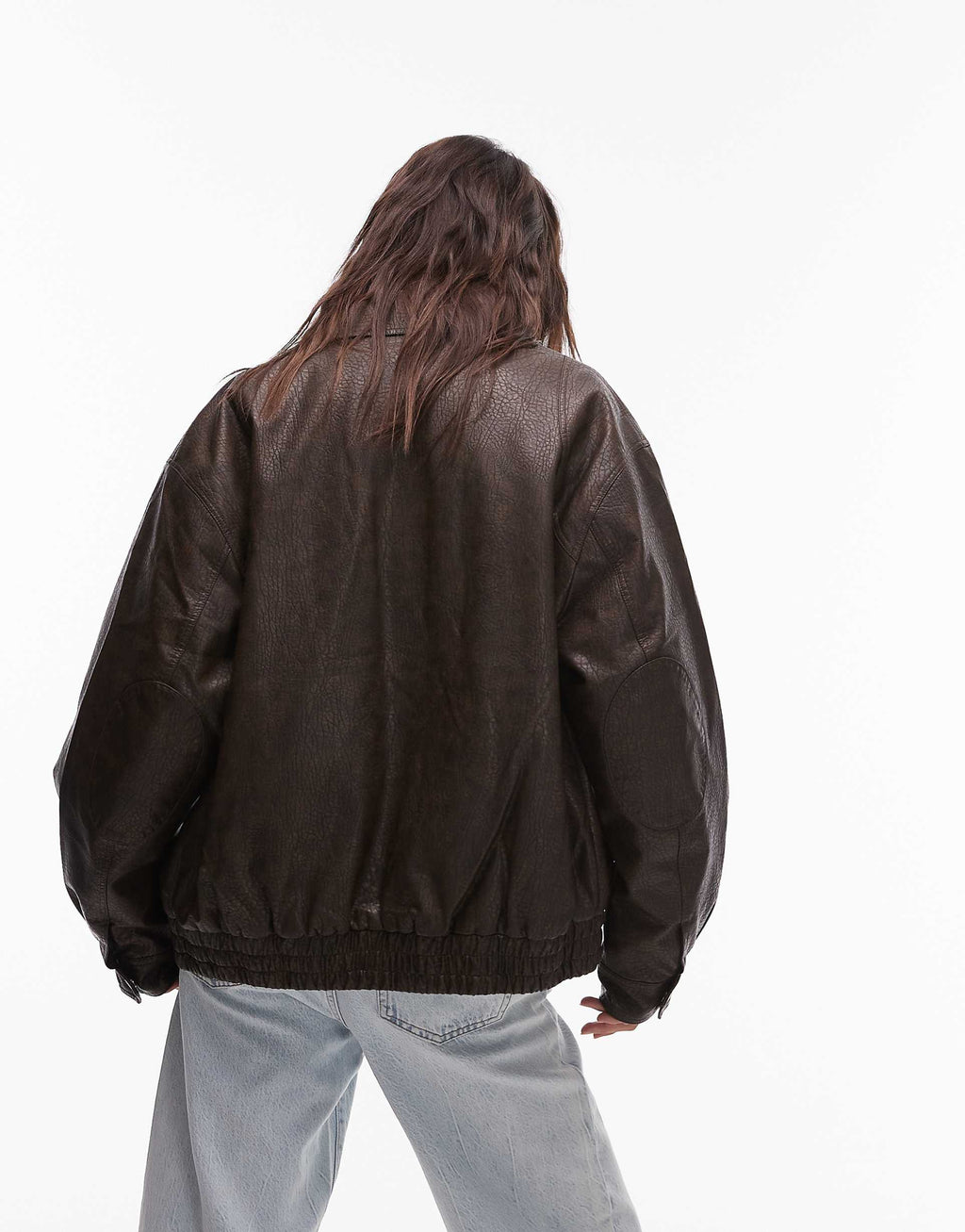 Chaqueta bomber de piel sintética con cuello abierto y dobladillo elástico para mujer