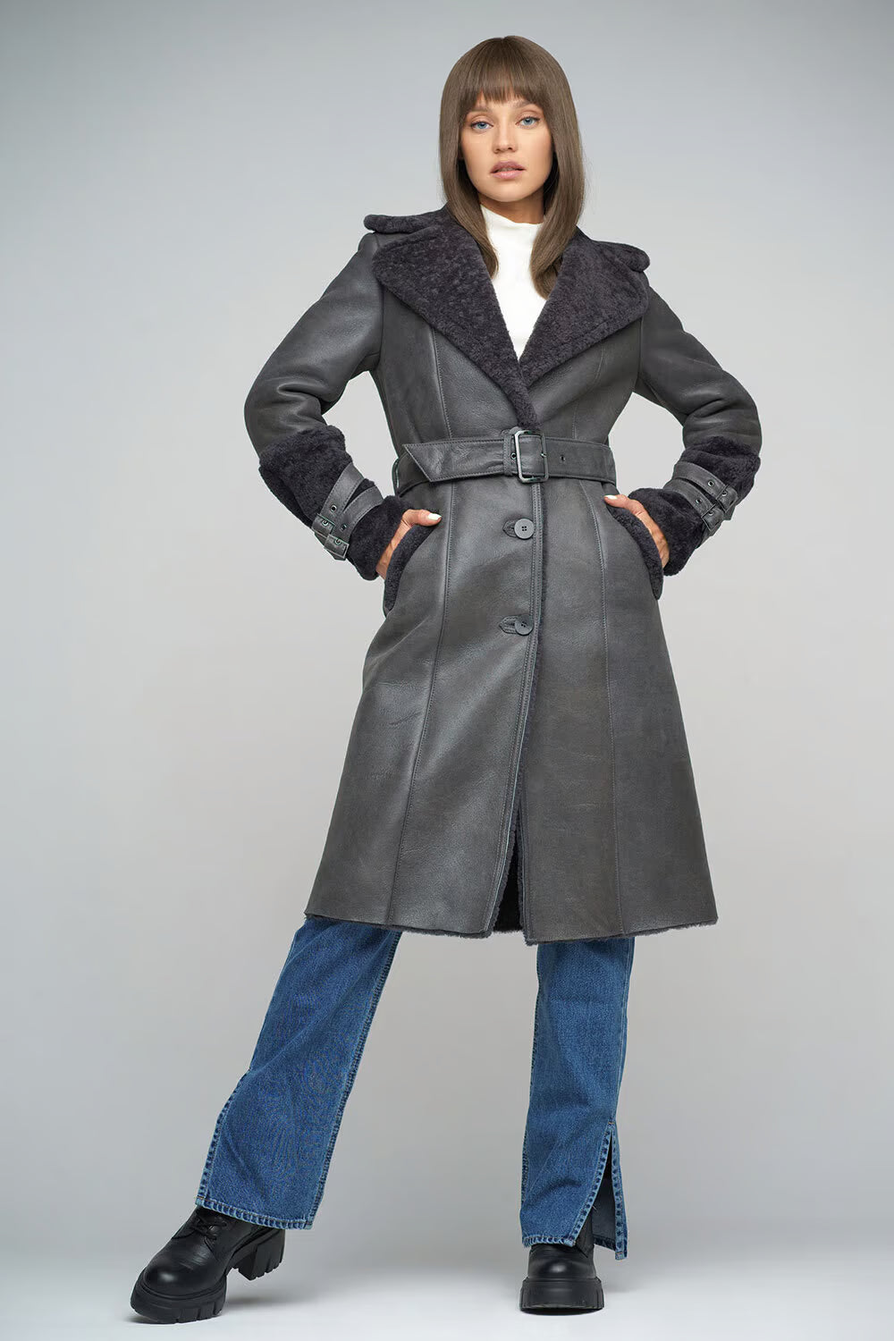 Women's Elegant Fox Fur & Shearling Leather Coat