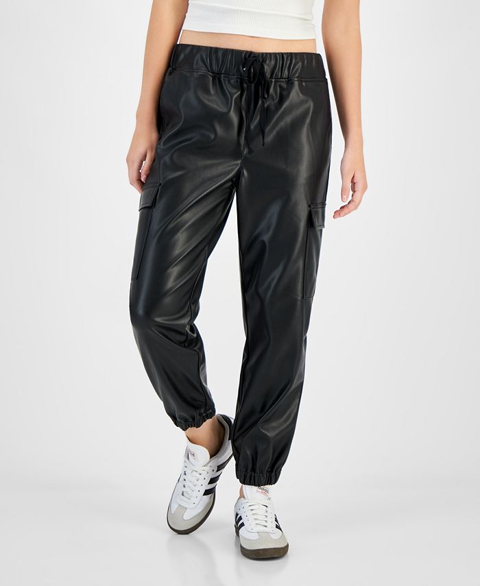 Women's Faux Leather Cargo Jogger Style Pants